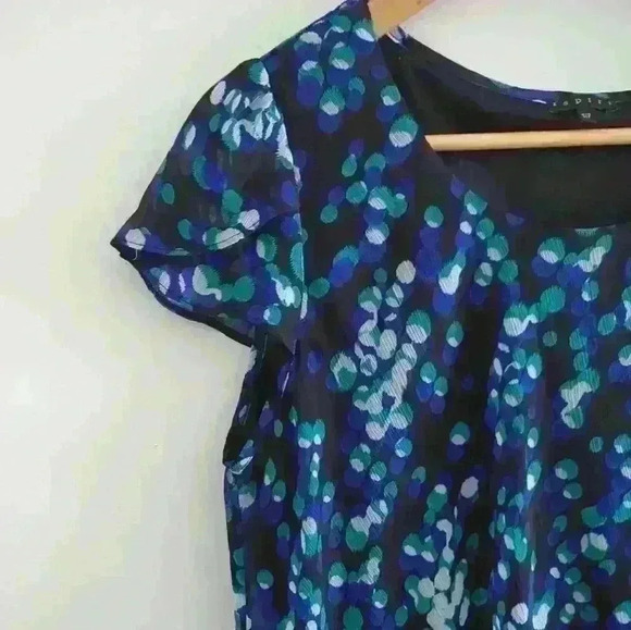 ISPIRI | Women's Black/Teal/Blue Dotted Short Sleeve Front Ruched  Blouse - Picture 2 of 5